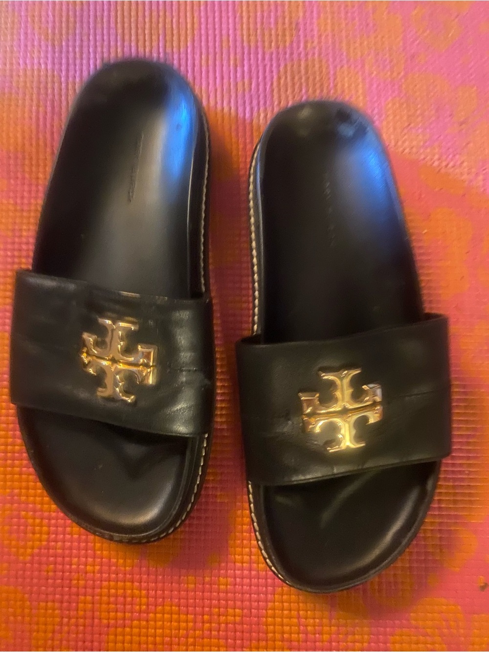 Tory Burch Black Leather Slide Sandals with Gold Emblem